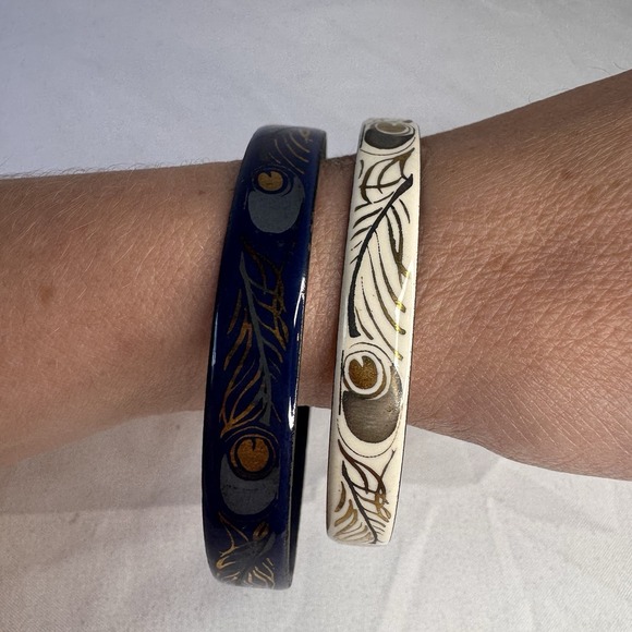 Laurana Bangle Bracelets Peacock Feather Lot Of 2 Interlocking‎ Vintage Italian - Picture 5 of 8